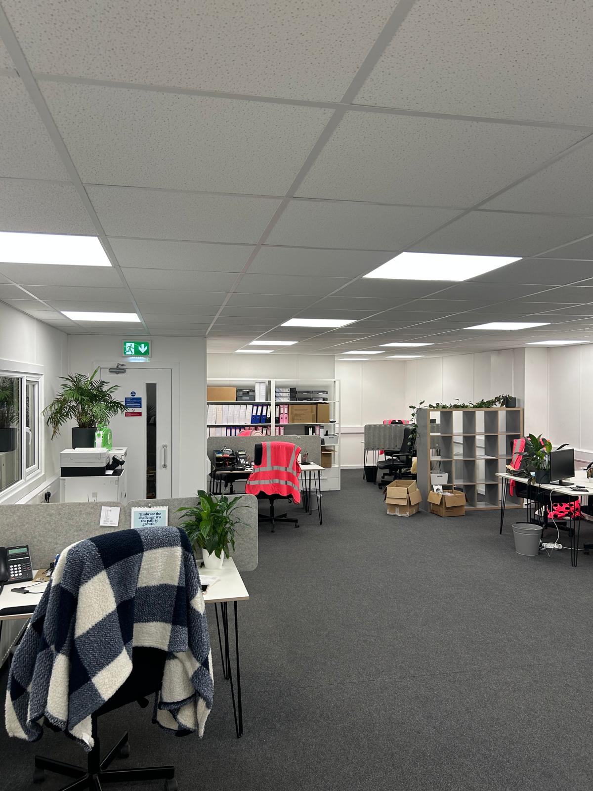 An office lighting and electrical upgrade - fit-out carried out on a warehouse in Burscough